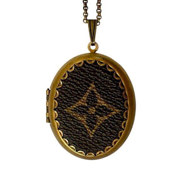 Upcycled Reworked L V Monogram Canvas Locket Necklace Handmade Flower Motif - Picture 3 of 15